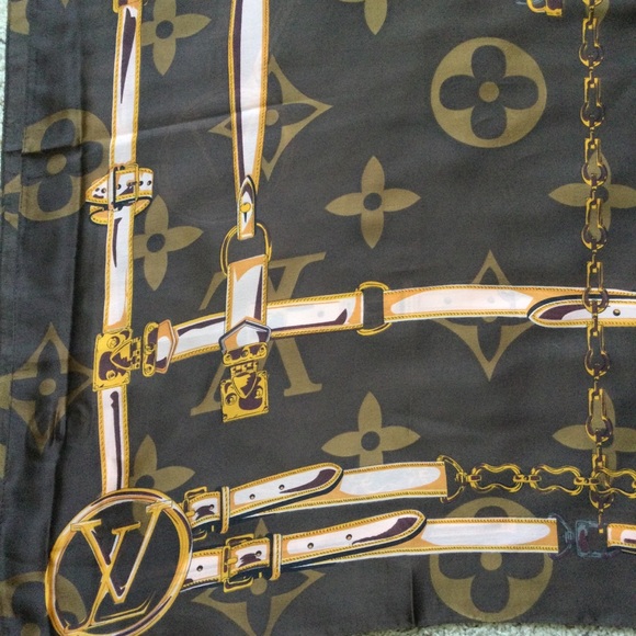 LV Silk Scarf Shawl Lock and Chain Brown Tan Print - Picture 5 of 6